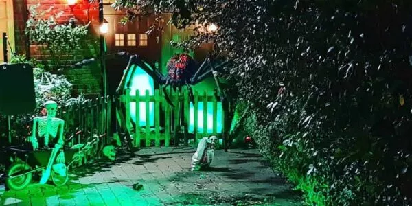 Spooky house dressing involving giant spider props and skeleton props. We can create any vision you wish applied to your house or other event space!