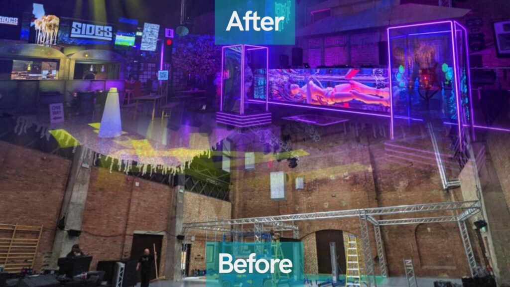 Electric light station before lighting production (bottom) and after (top).