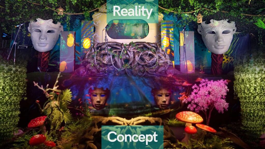 Set and stage concept (bottom) to reality (top).