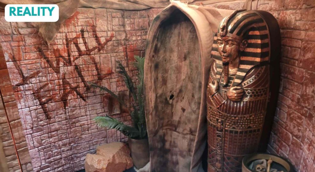 Egyptian Halloween themed entryway with tomb, part of creative event production for REIGN in London.
