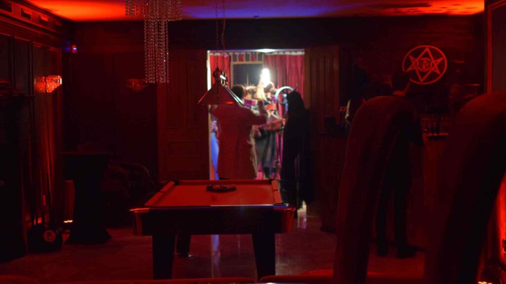 Cult Awakening Halloween mansion party Dining room area with 360 camera.