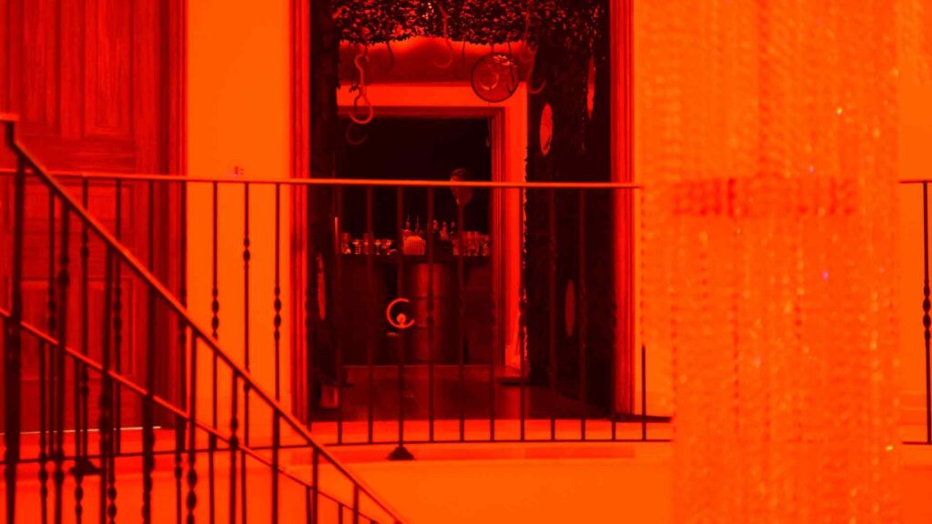 Tunnel entrance to 'Slaughterhouse' room at Halloween Mansion Party.