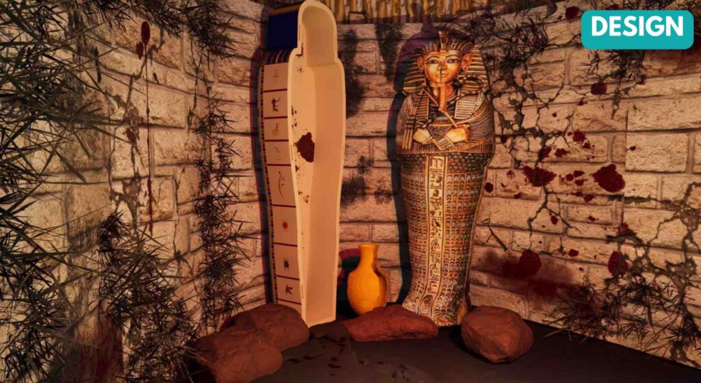 Bespoke creative event design of Egyptian tomb and ceramics with blood splattered walls for London REIGN nightclub.