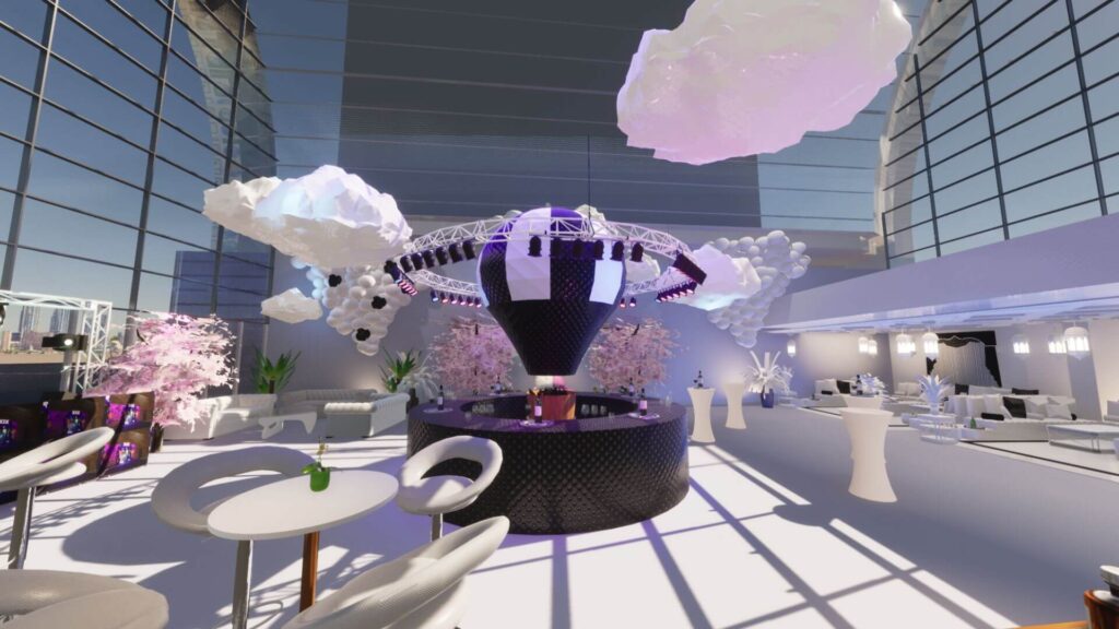East Wintergarden Venue, Canary Wharf, London 3D design walkthrough with aerial floating balloon bar concept design.
