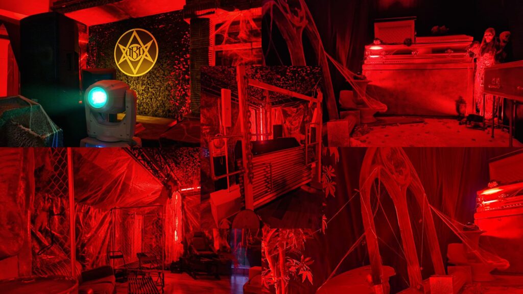 Collage image of cult awakening themed halloween event we designed and produced.