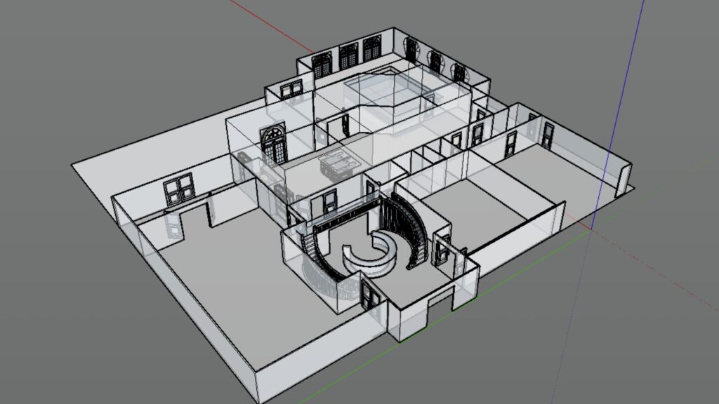 3D CAD render of mansion showing room layouts.