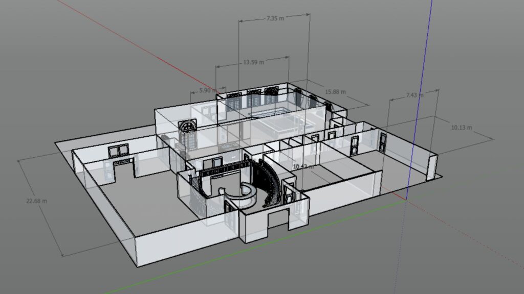 Mansion 3D floor plan render with measurements.
