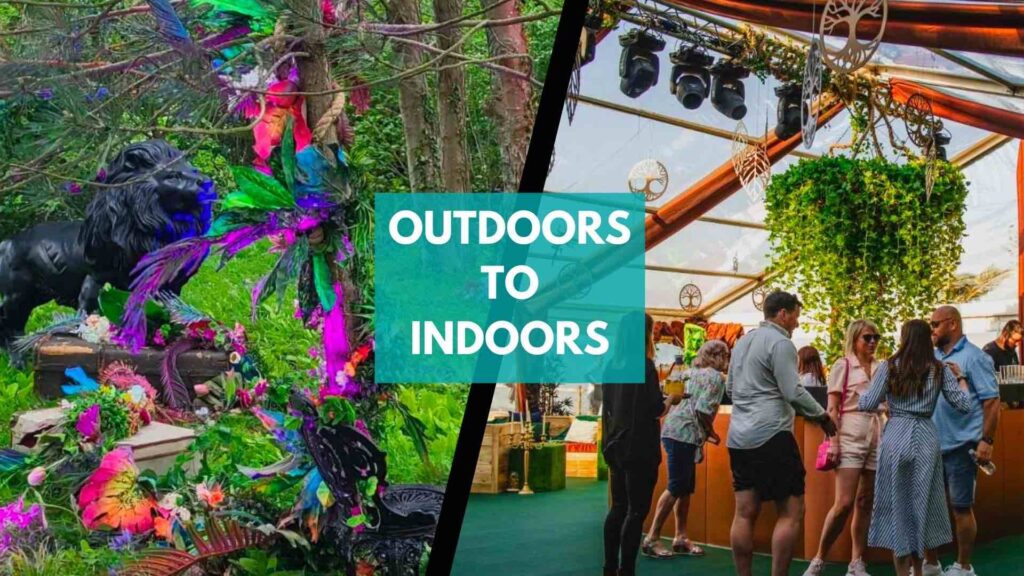 Transition from outdoors to indoors for an enchanted garden summer party theme.