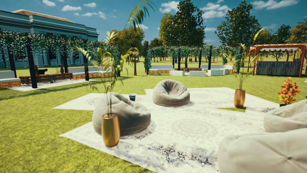 White party event seating render with outdoor rugs and beanbags.