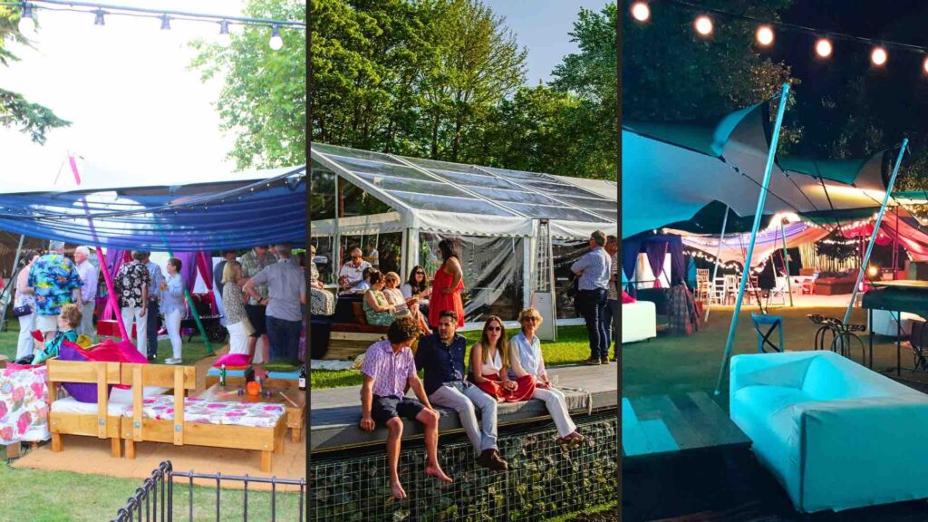 Use a selection of tents and marquees from Capris to Canopies. Creating nook and areas within your large outdoor event space.