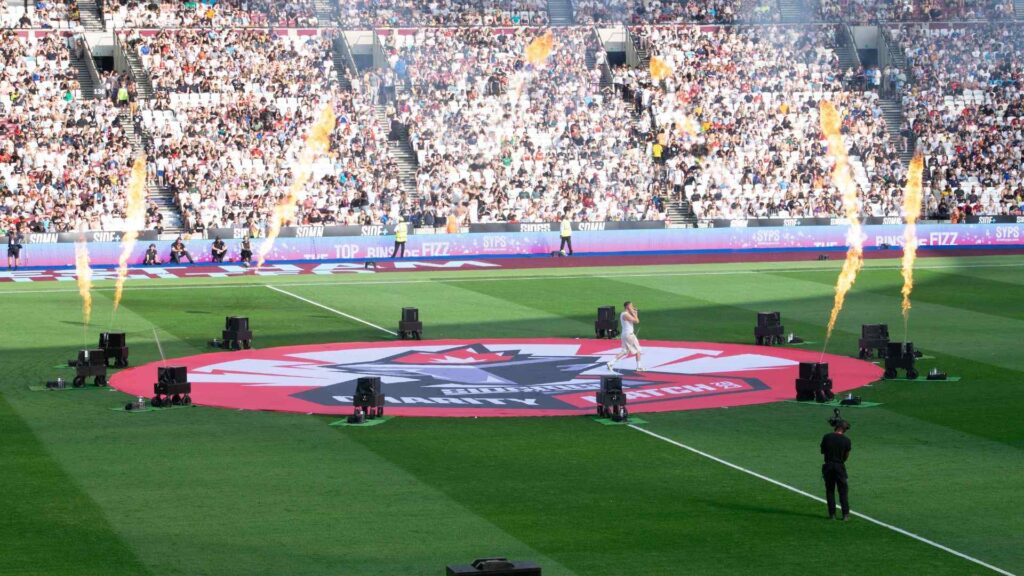 The production for the Sidemen Charity Match 2023 was really ramped up, using pyrotechnics and more to enhance Aitch's halftime performance.