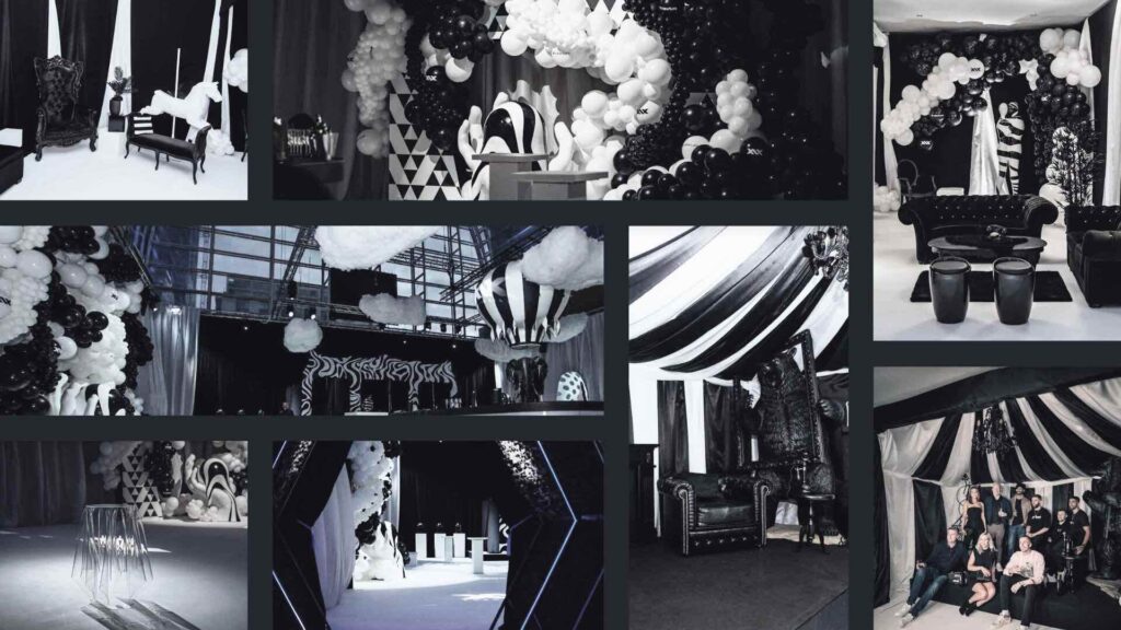 Black and white christmas event set design ideas and moodboard.