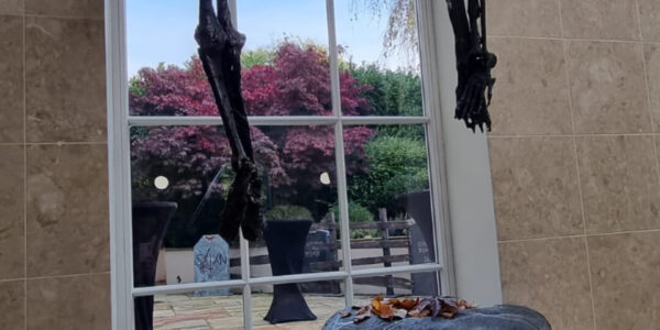 Bespoke skeleton props with window and mirror for cult horror.