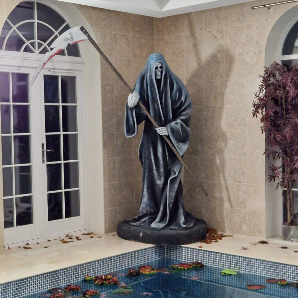 A bespoke sculpture of death created for a cult horror themed event.