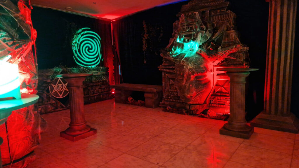 Bespoke 3d projection in a blood red cult horror themed room.