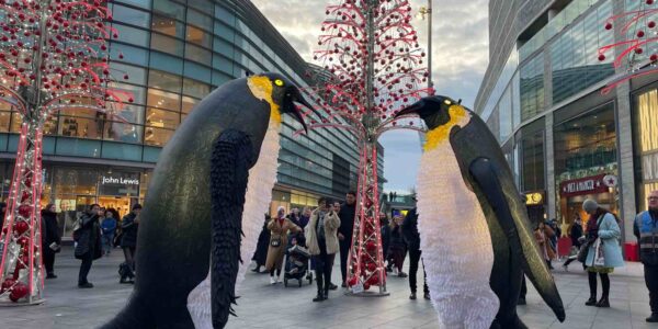 Duo of giant LED penguin puppets performing at public event for Christmas.