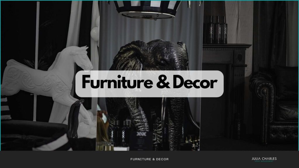 Collage of event set design furniture and decor in black and white theme.