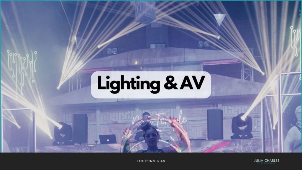 Event set design with projection lighting and neon signs.