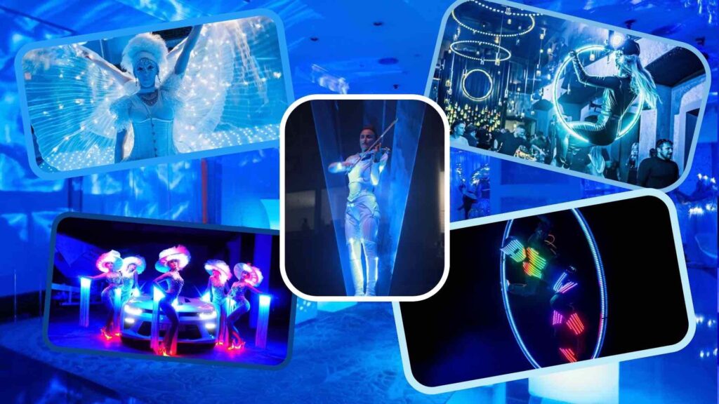 Futuristic Christmas party ideas including violinists, led acts an aerialists.