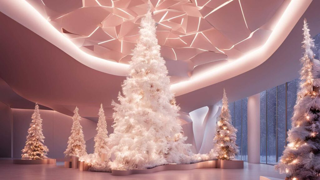 Futuristic Christmas event in stark white showcasing Christmas trees in various sizes for a concept rendered by AI.