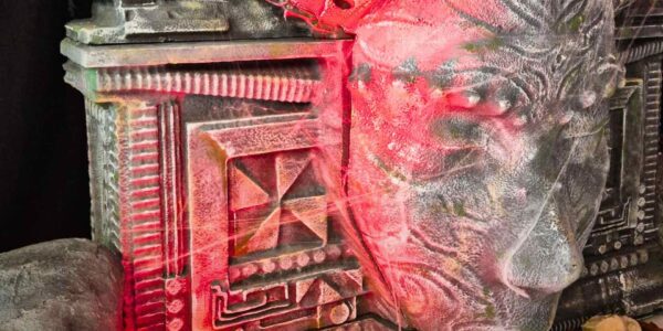 Illuminated temple face made bespoke for cult themed event.