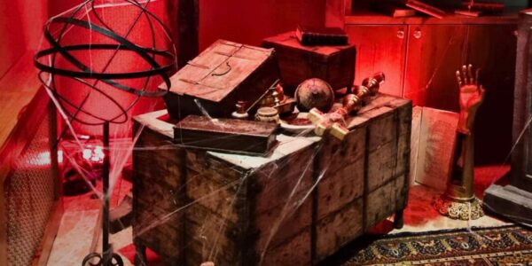 Details of props curated for a cult horror theme.