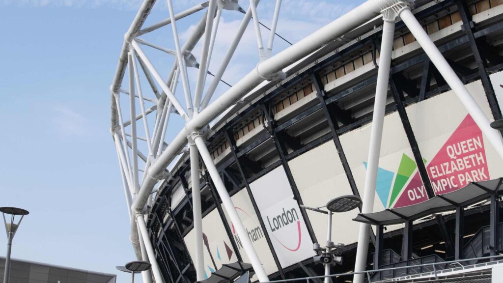 Close-up of Queen Elizabeth Olympic Park London Stadium branding.