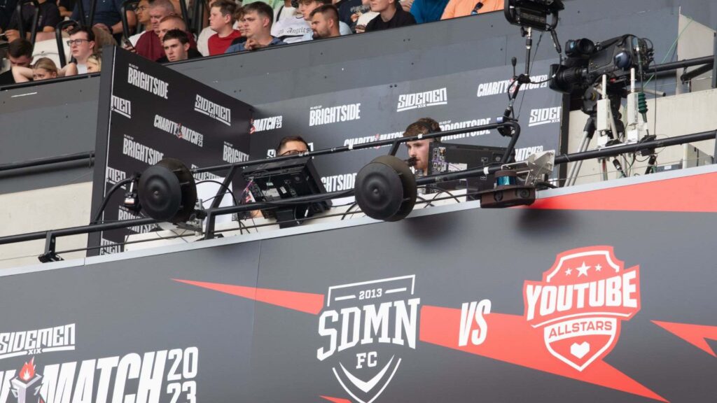 Sidemen Charity Match 2023 Stephen Tries and Spencer FC in commentary box.
