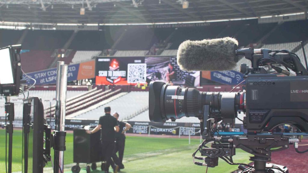 Close-up of live stream camera equipment pitch side at the 2023 Sidemen Charity Match.