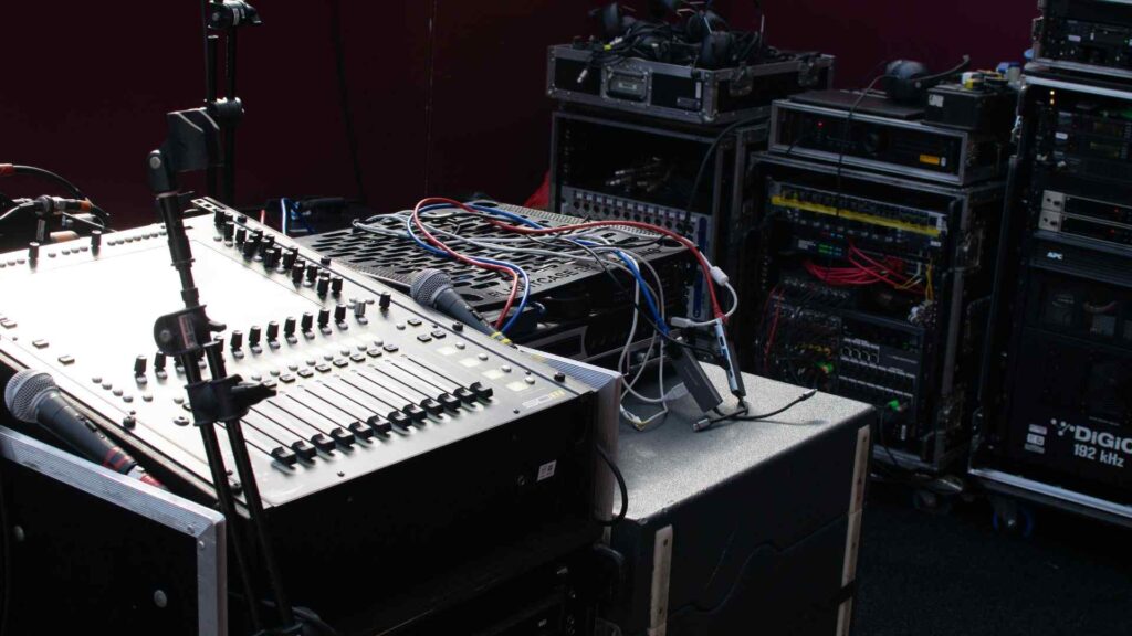 Production and AV equipment used pitch side at the Sidemen Charity Match 2023 to manage LIVE event sound and lighting production.