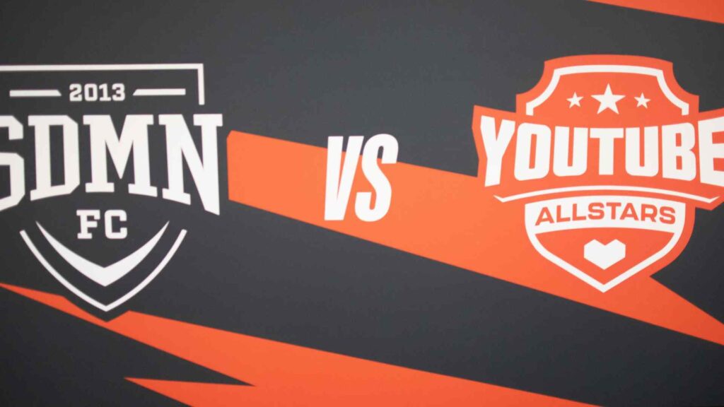 SDMN FC vs YouTube Allstars branded banner in player tunnel at Sidemen Charity Match 2023.