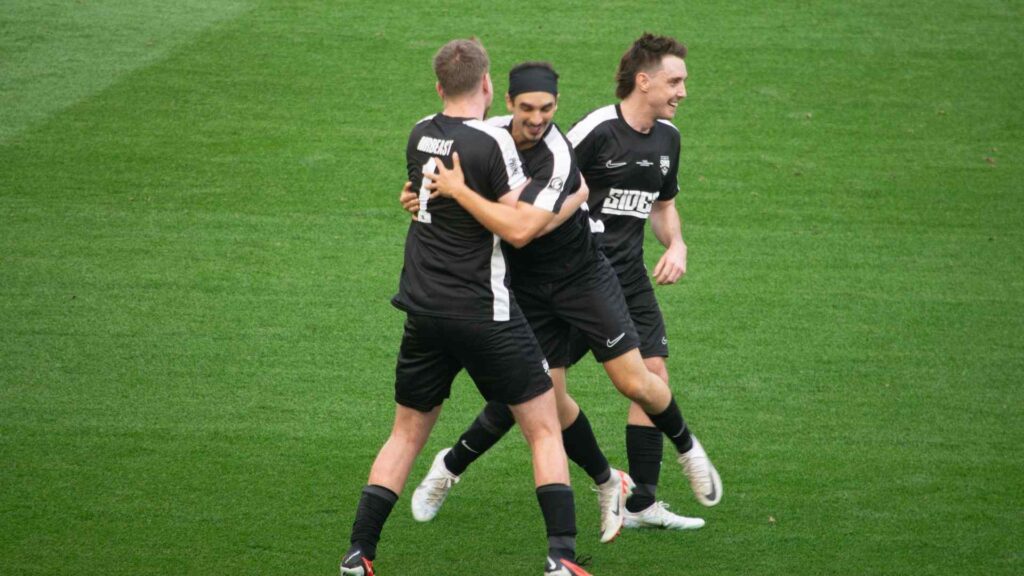 Tareq celebrating his goal with Mr Beast and Lazarbeam, taking the score to 8-5 - the final goal of the match.