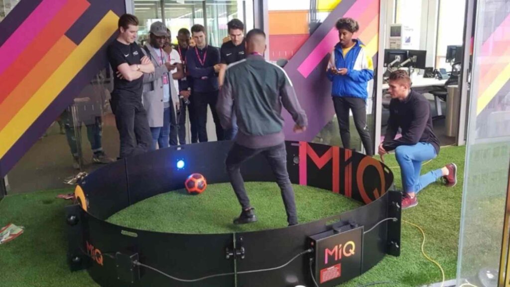A guest testing his skills on the fast feet skills arena.