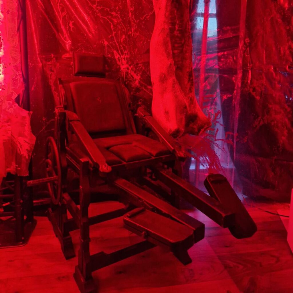 A torture chair used in a horror themed slaughter house designed by Julia Charles.