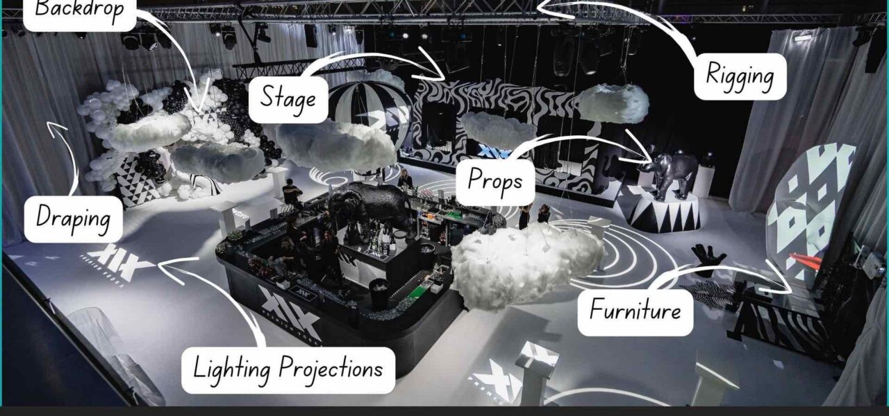 Event space with annotations pointing to different aspects of event set design such as stage, backdrop, rigging and draping.