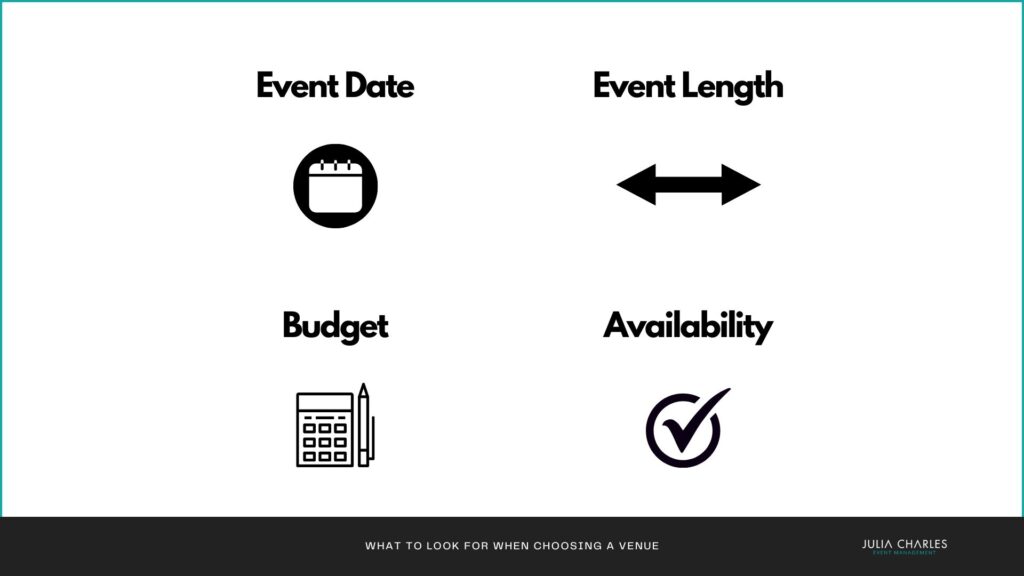 Key elements to look for when choosing a venue: event date, event length, budget, availability.