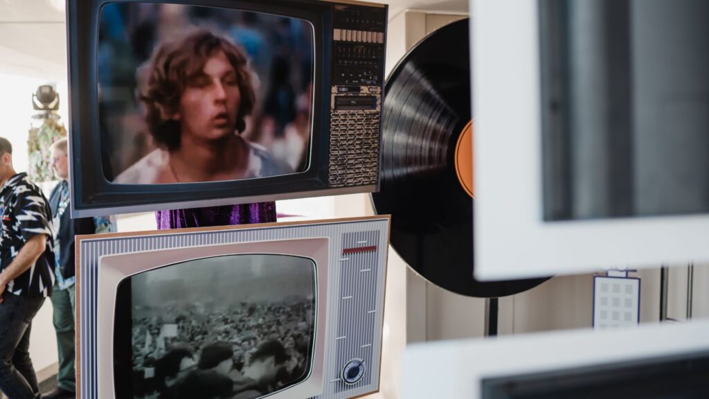 1960s themed event props including retro TV and record.