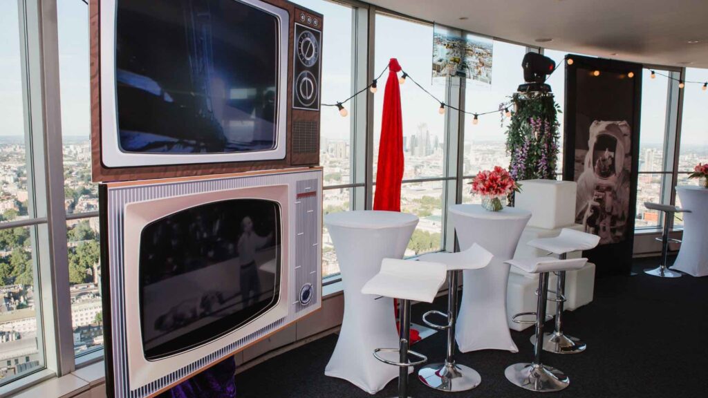 1960s themed event space seating area in the BT Tower, London.