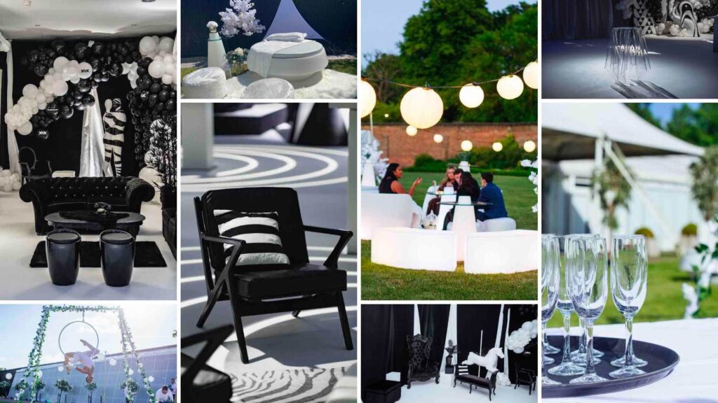 Black and White theme for brand activations and parties featuring props and decor in clean style.