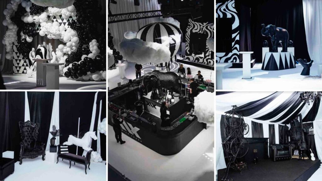 A black and white Christmas Circus Theme for corporate christmas parties including hot air balloon and black animal props.