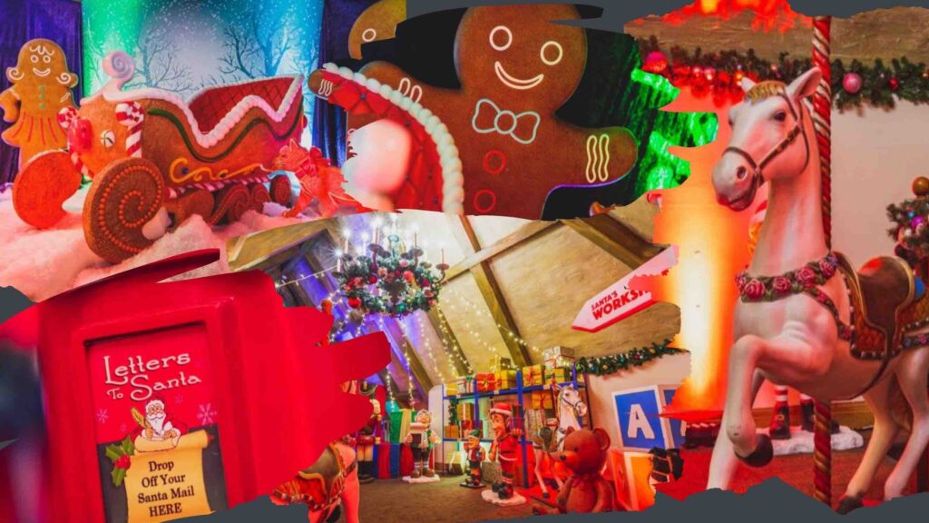 Christmas toyland party theme for events including gingerbread props and oversized toys.