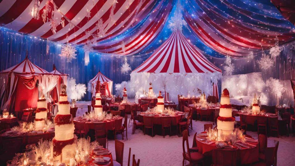 An ai render of a combination of Winter Wonderland and Circus theming perfect for Christmas events.