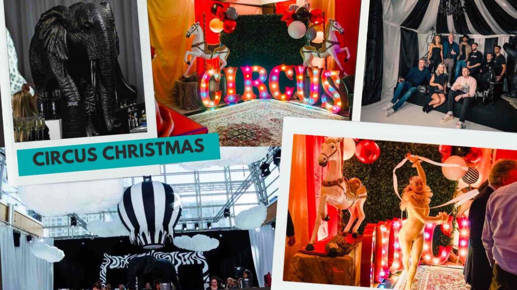 Corporate Christmas Circus theming for your circus christmas party including black and white and traditional circus.