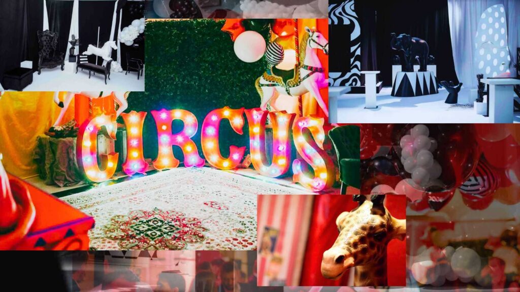 Circus themes for corporate christmas events including black and white and vintage circus theming. Available in the UK and internationally.