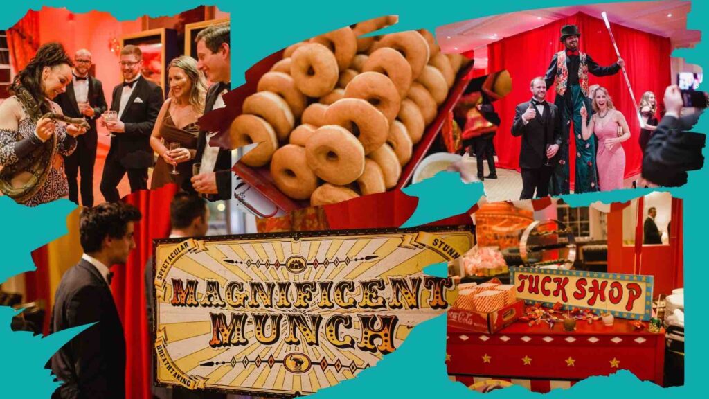 Collage of Circus themed props and styling from renault Christmas party managed by Julia Charles including donuts, signs and performers.