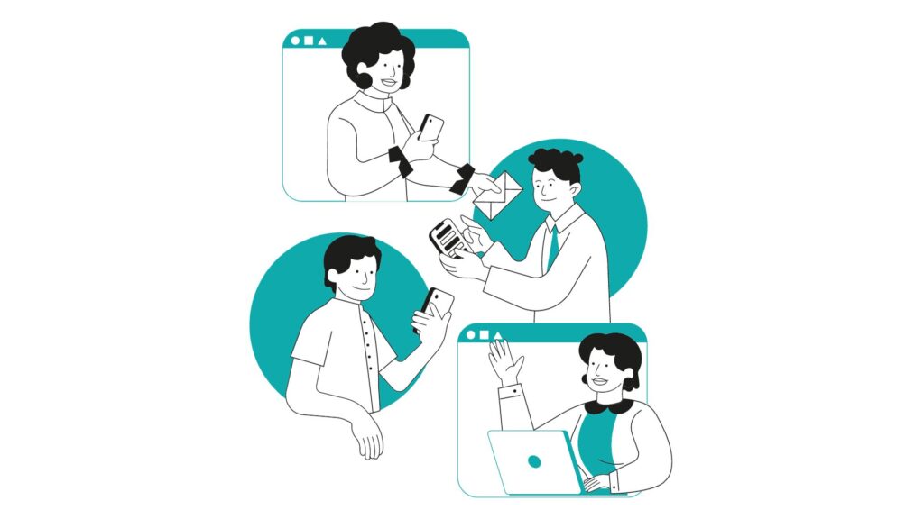 Illustration of communication between separate teams collaborating on a project.