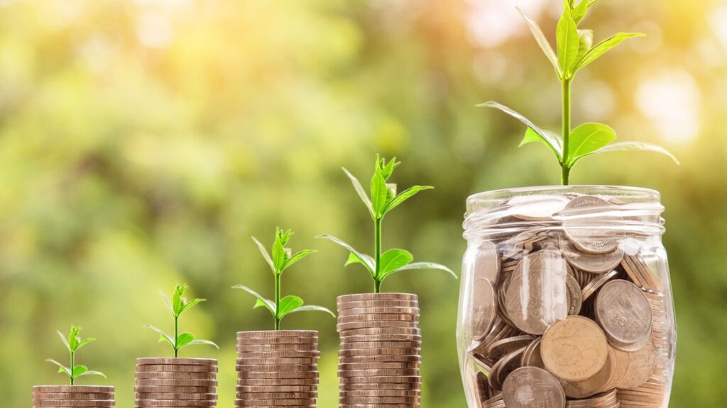 Plants growing from stacks of coins.