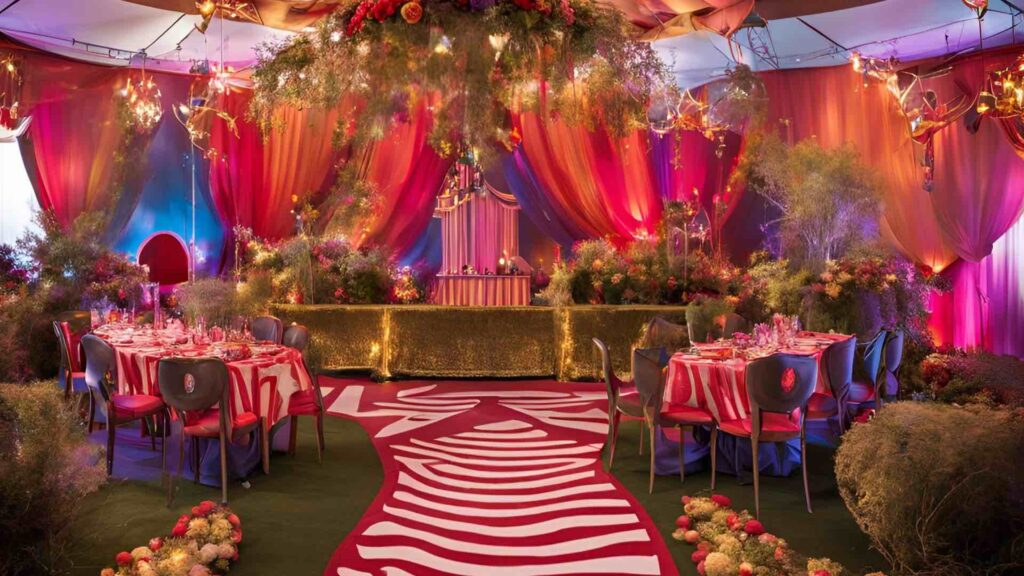 An ai render of an enchanted garden event theme combined with a circus Christmas party theme.