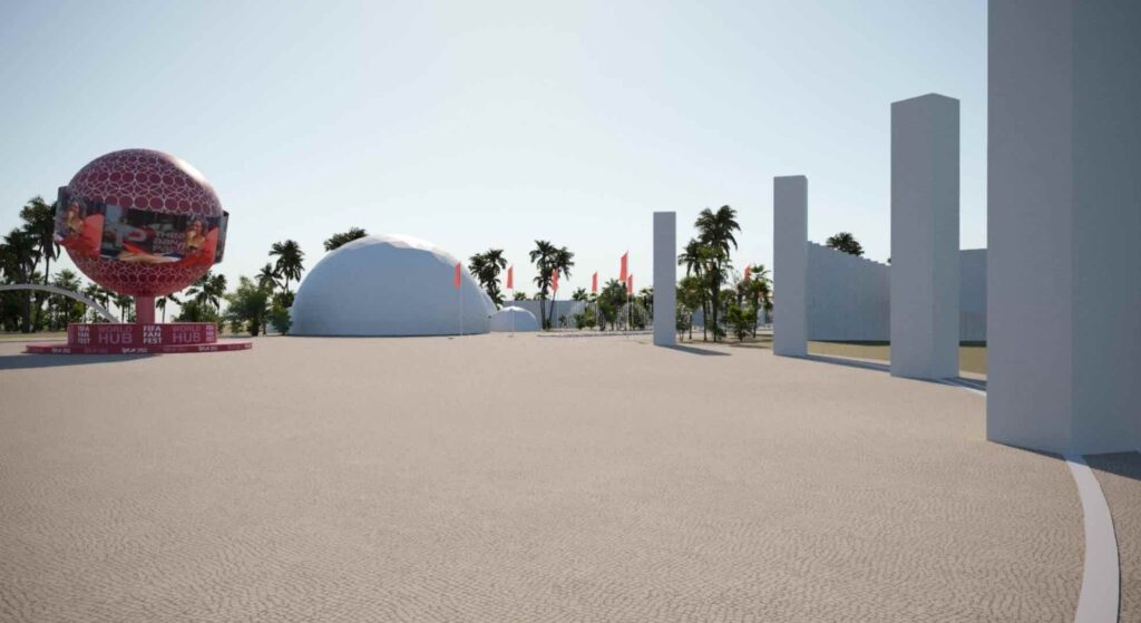 Fan Zone event design render for Qatar Fifa 2022 featuring large geo dome and structures to the entrance.