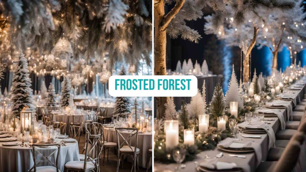 Ai generated scenes using the prompt"a gala dinner event scene with a frosted forest decor including frosty pine trees, lamp posts, snowflakes, organic and rustic earthy tones"
